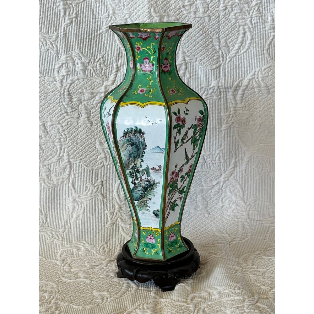 Decorative Chinese Canton Enamel Vase And Wooden Base